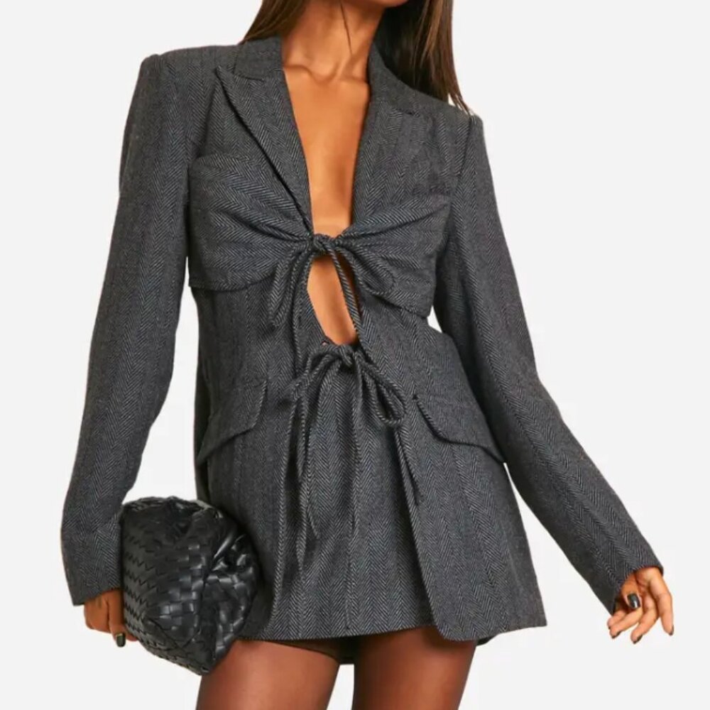 boohoo Tie Front Blazer & Pocket Detail Miniskirt - Gray Herringbone